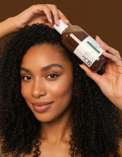 Close-up of Black woman with CLEANSE Botanical Shampoo