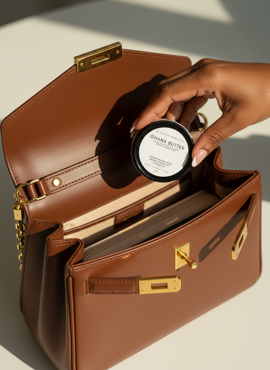 Woman Placing Ghana Butter in Designer Purse